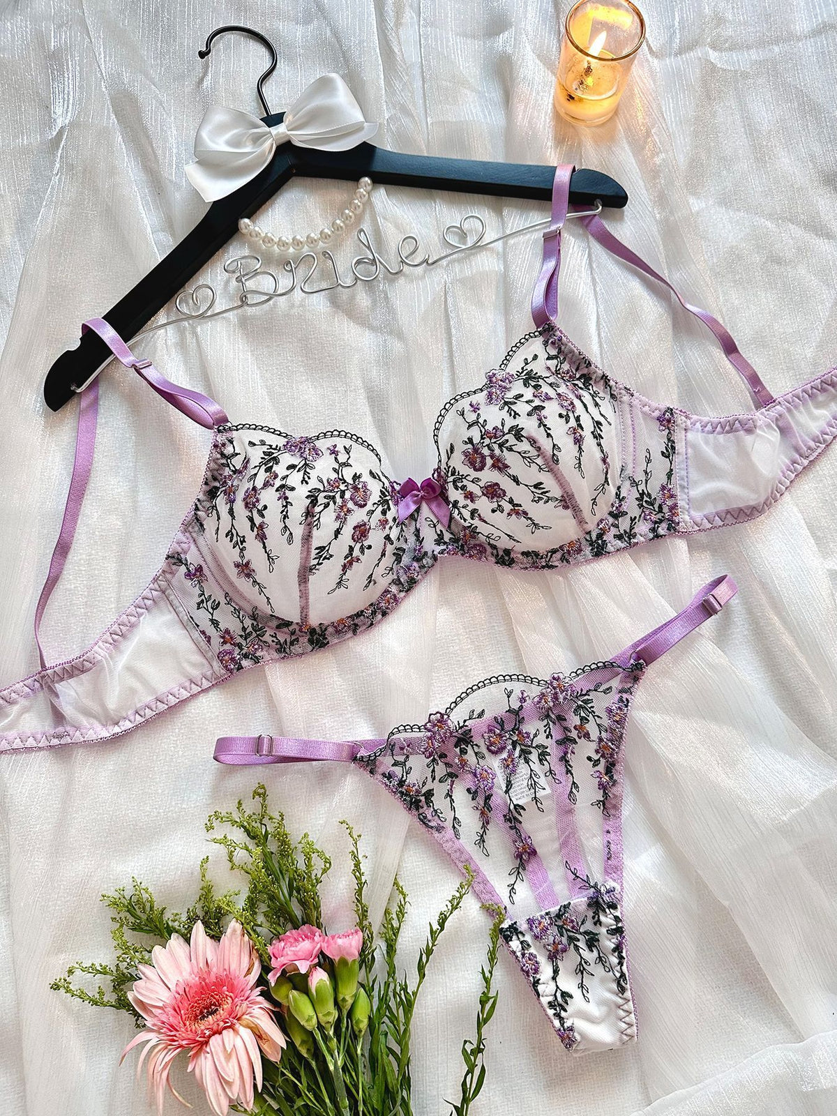 Floral Embroidery Transparent Mesh Underwear Suit