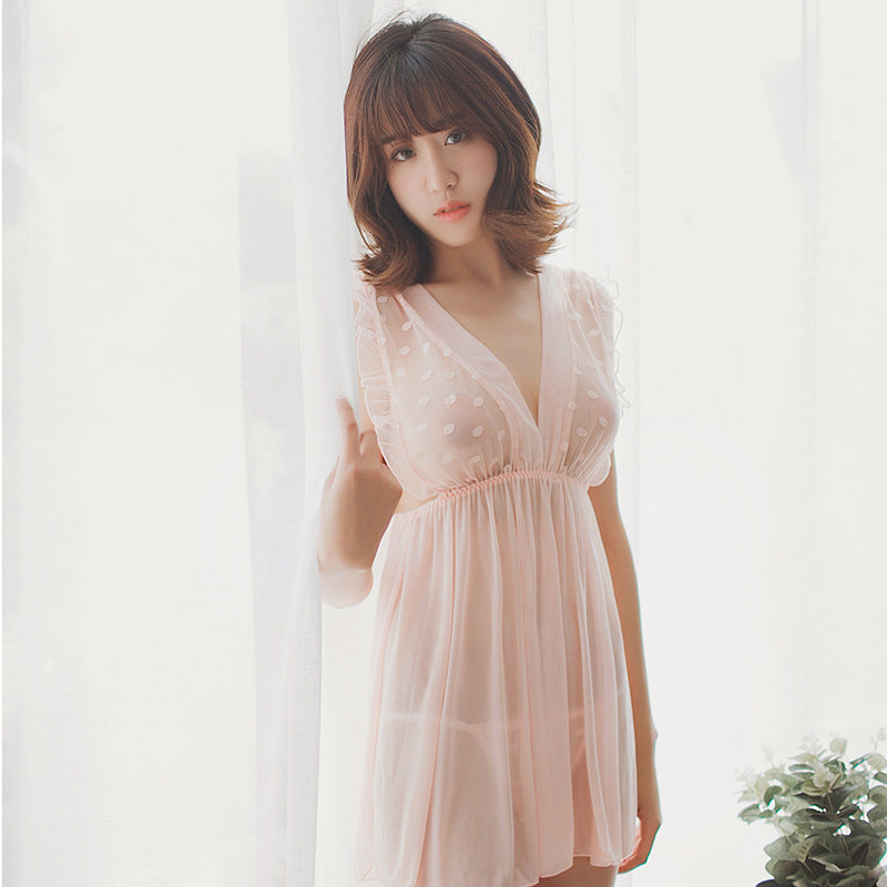 Polka Dot Mesh Ruffled Sexy Nightdress
