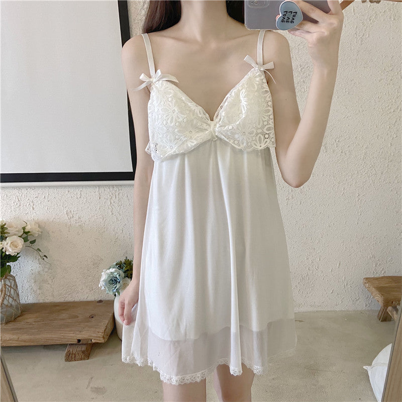 Ice Silk Pajamas Women's High-level Sense Of Thin Sexy Lace White