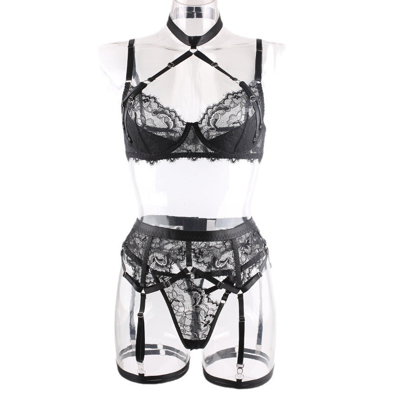 European And American New Fashion Black Lace See-through Bra Halter Underwear Suit