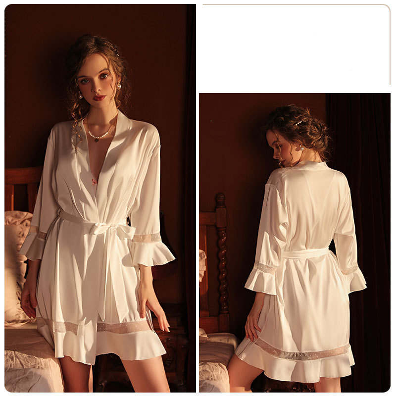 Women's Pajamas Panel Ruffle Tie Robe Bathrobe Homewear Set