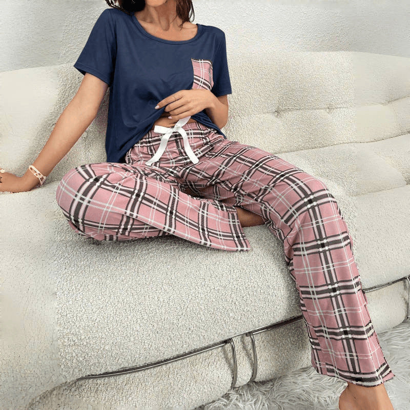Color Blocking Plaid Trousers Pajamas