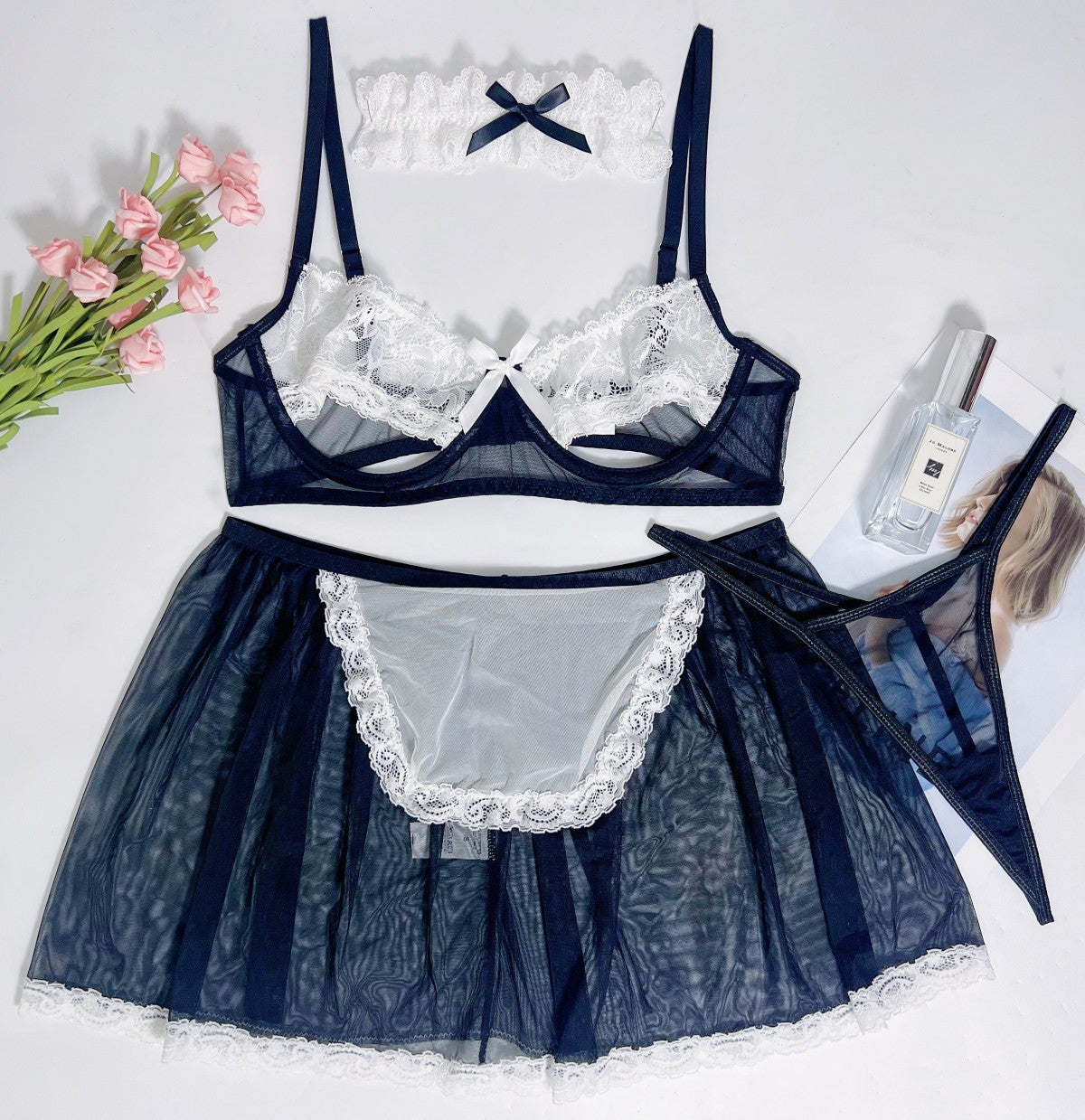 Lace Mesh Patchwork See-through Maid Uniform Suit