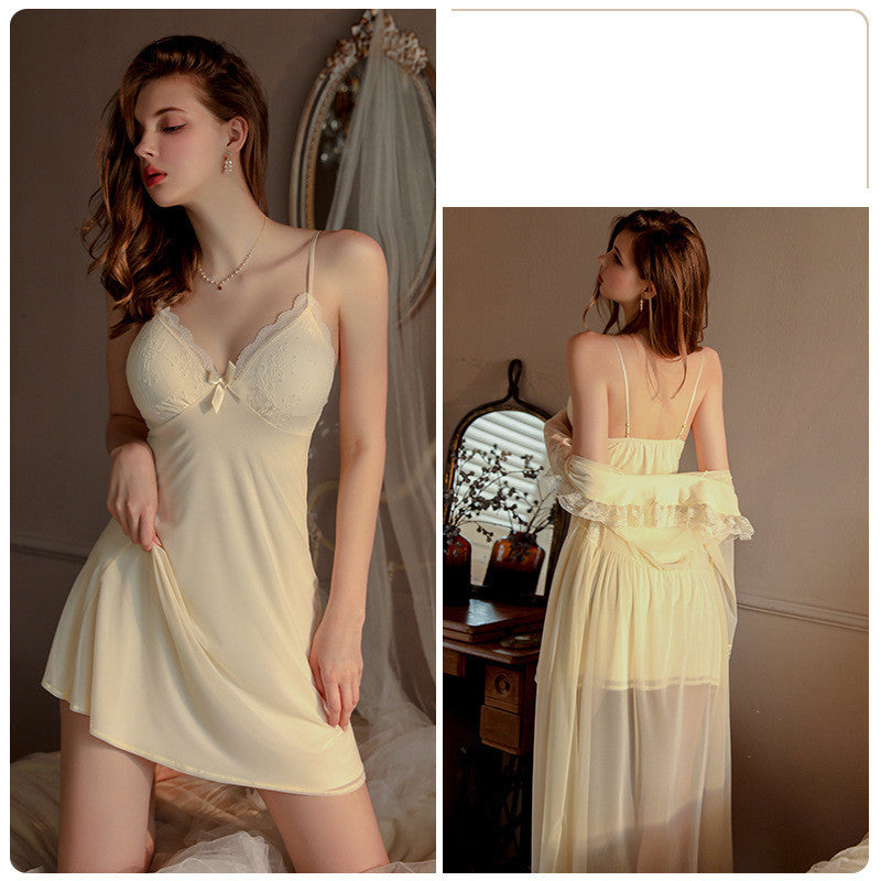 Women's Mesh Pajamas With Chest Pads Suspenders Nightdress Robe