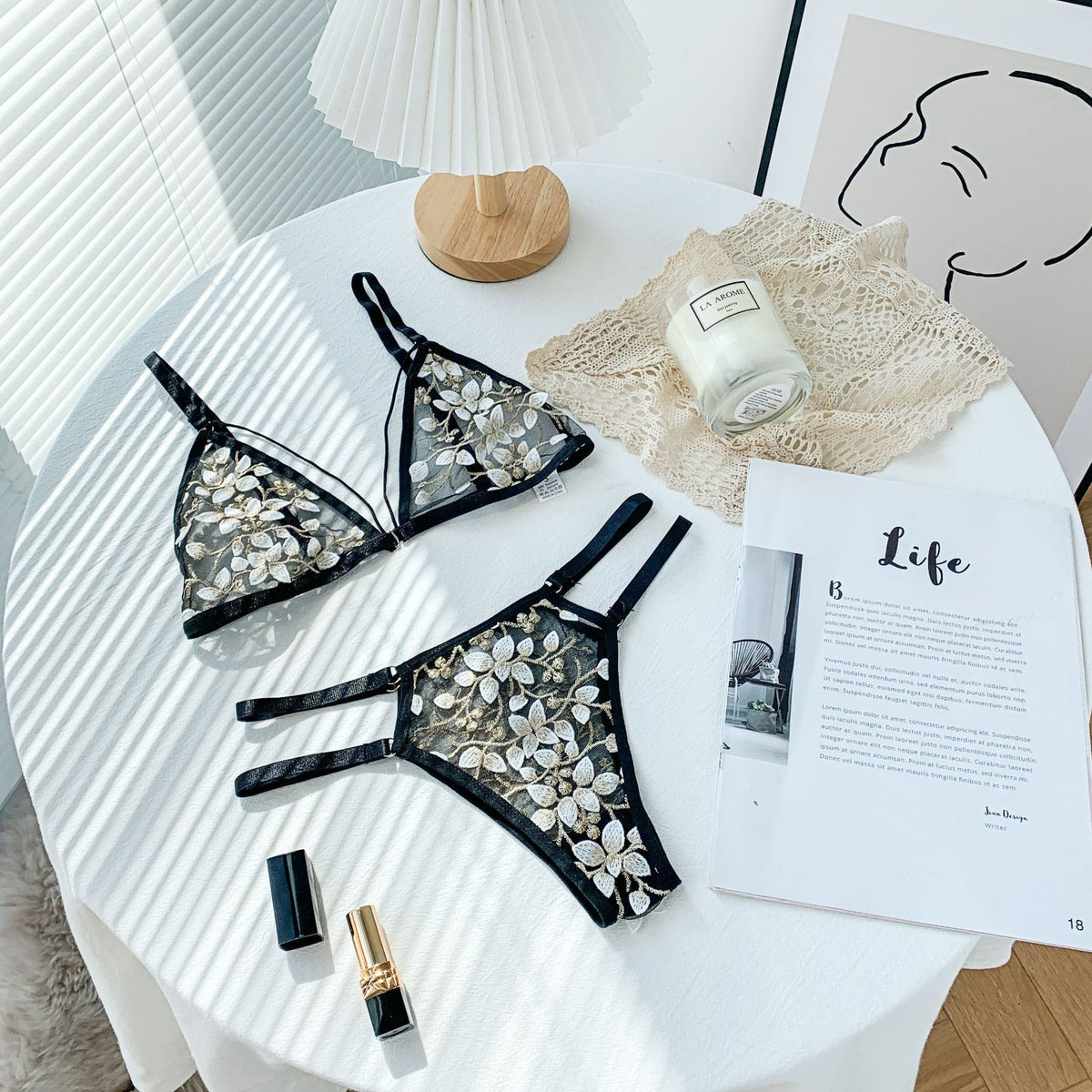 Sexy Three-point Three-dimensional Embroidered Flower Bra Panty Set