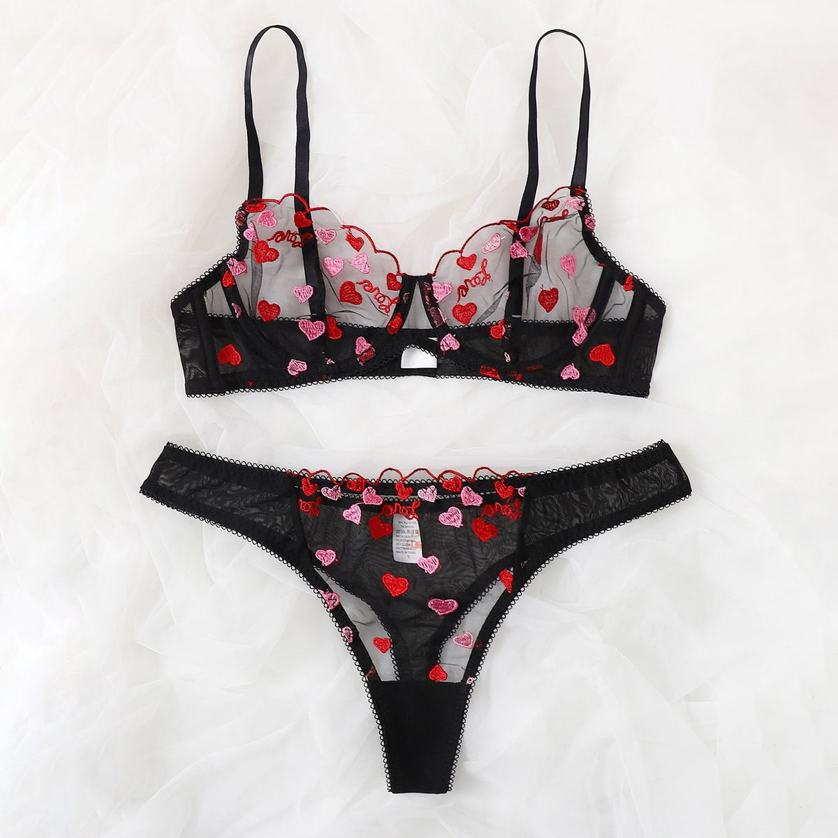 Ladies' Mesh See-through Love Three-point Sexy Suit