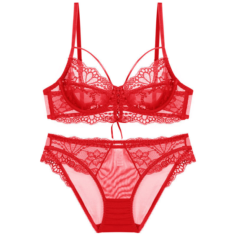 Ribbon Big Chest Show Small Half See-through Bra Set
