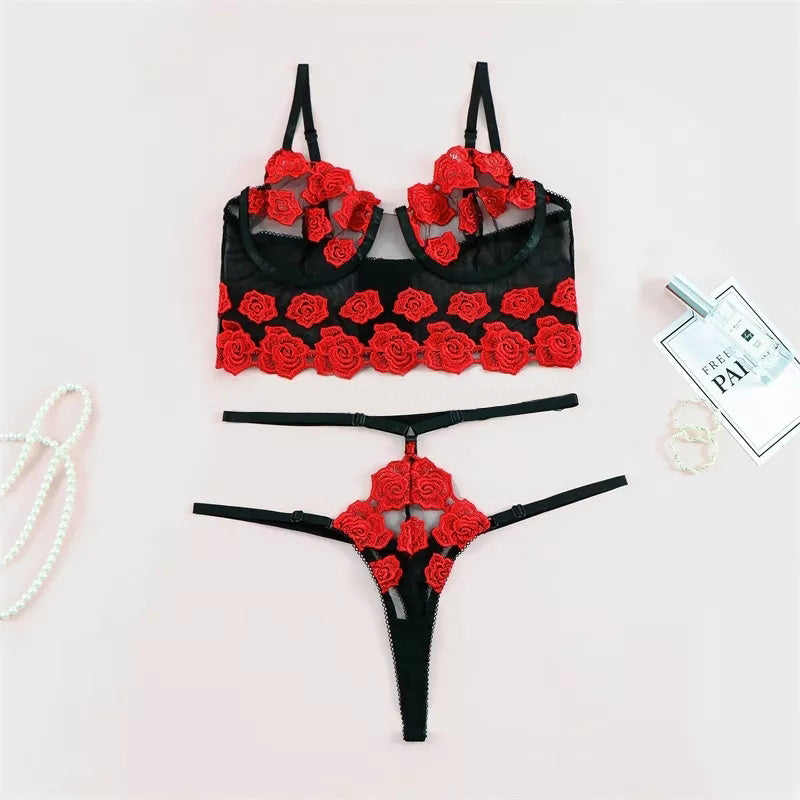 Transparent Mesh Red Flower Embroidery Split Two-piece Set