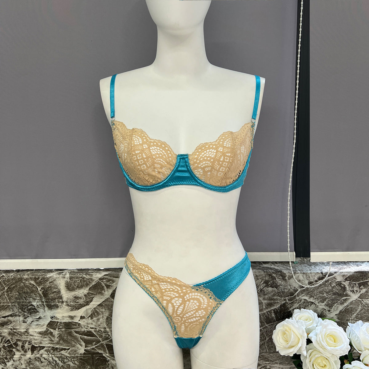 Color Matching Lace Mesh Suit See-through Two-piece Set For Women