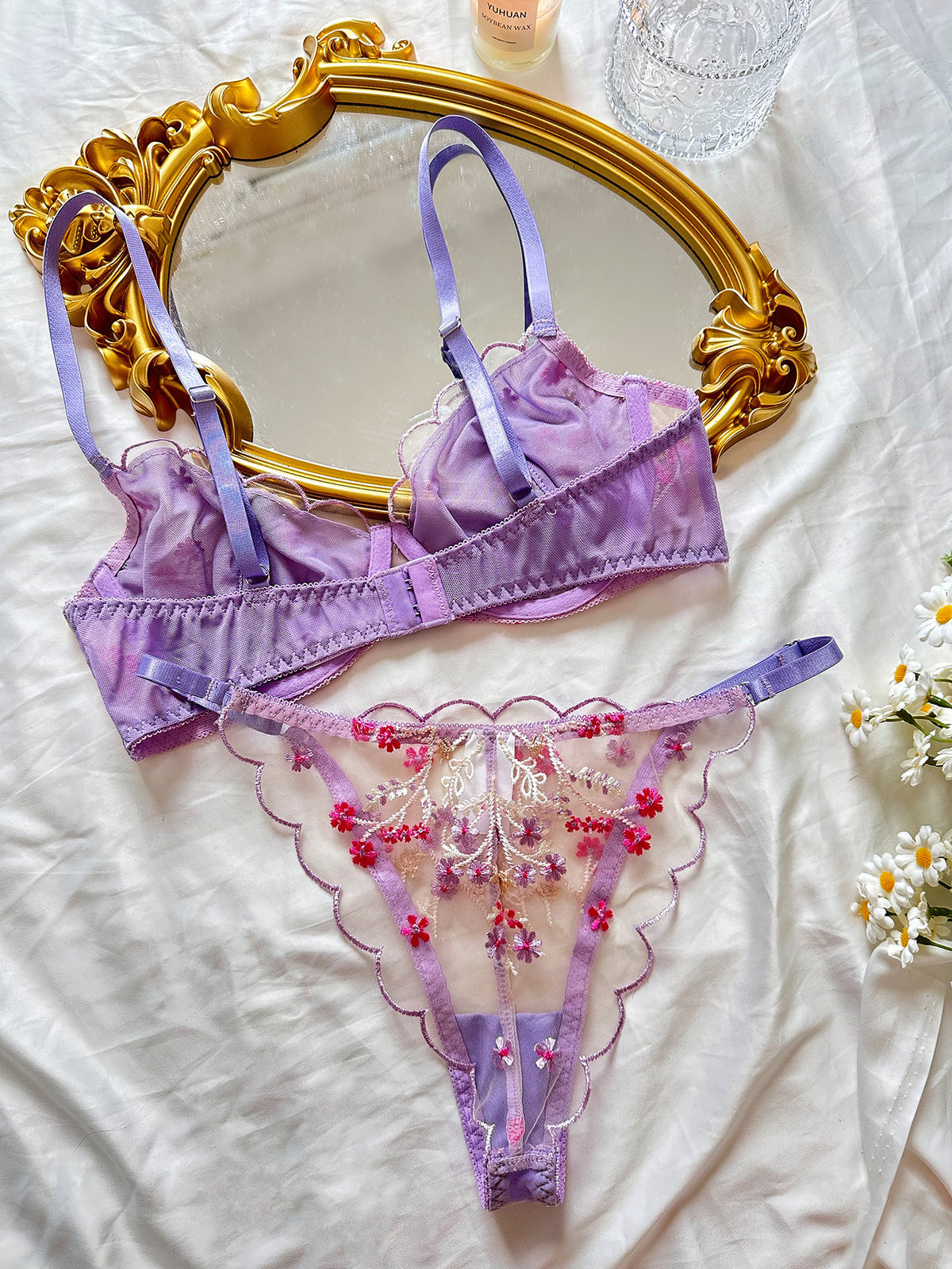 Girl Floral Embroidered Mesh Gather Thin Underwear
