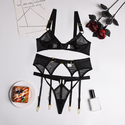 Women's Mesh Pure Color See-through Strapless Sexy Underwear Three-piece Suit