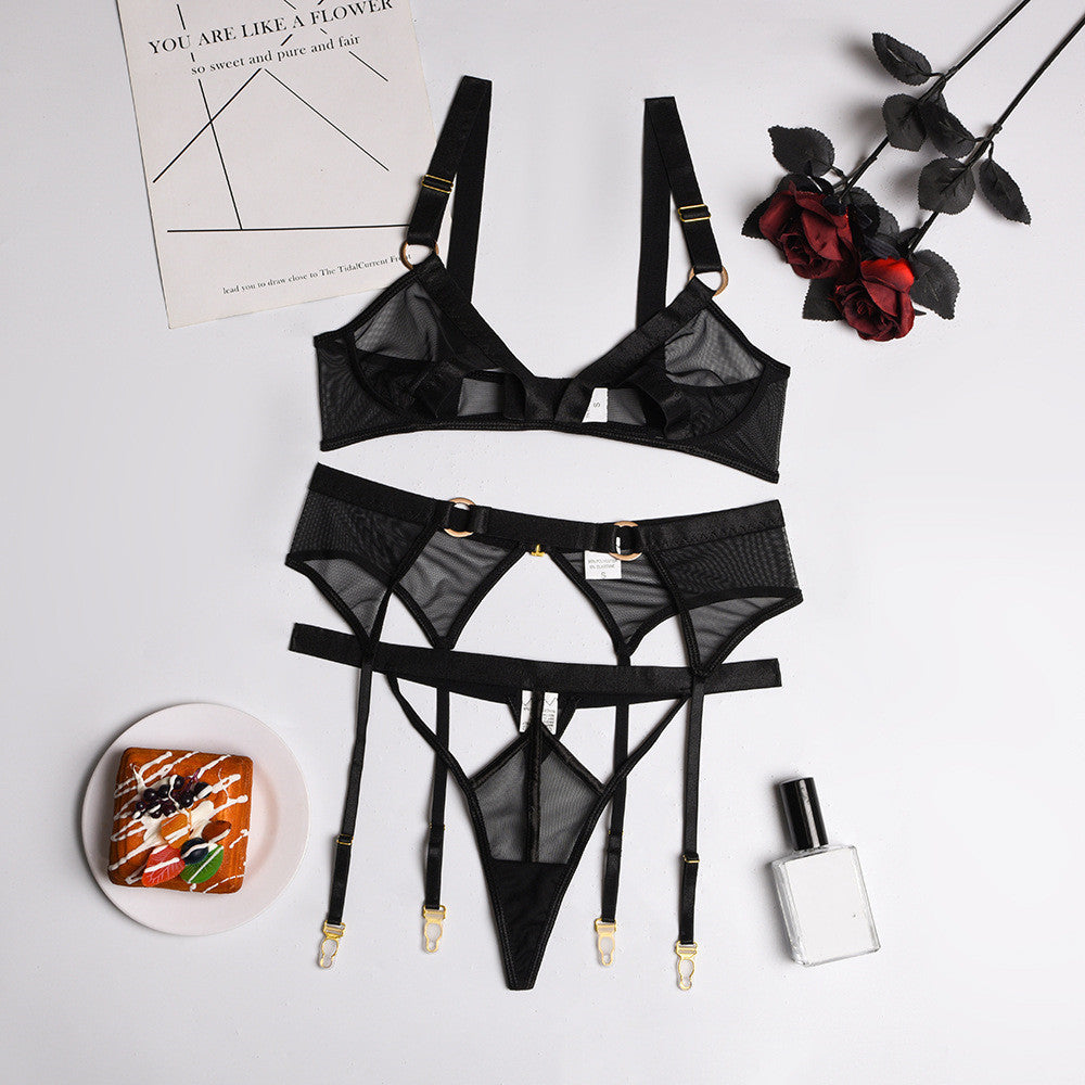 Women's Mesh Pure Color See-through Strapless Sexy Underwear Three-piece Suit