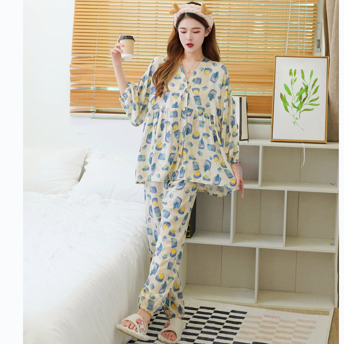 Cotton Silk Pajamas Women's Cotton Silk Button Three Quarter Sleeve Suit