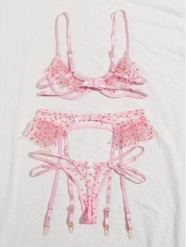 Sexy Lingerie Sexy Love Polka Dot Ruffled See-through Three-piece Set