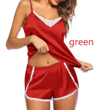 Summer Silk Sling Lace V-Neck Two-Piece Pajamas