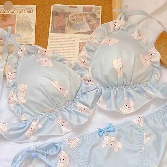 Cute Printed Underwear Without Steel Ring Not Empty Cup Slimming Bra Set