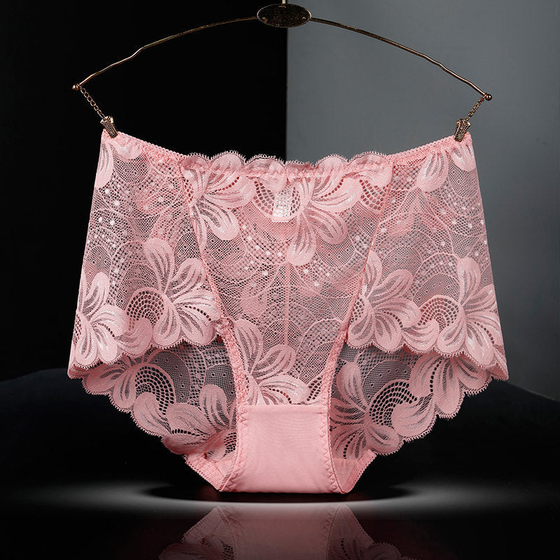 Women's Lace Underwear High Waist Fattening Plus Size Hollow Out See Through Purified Cotton Briefs