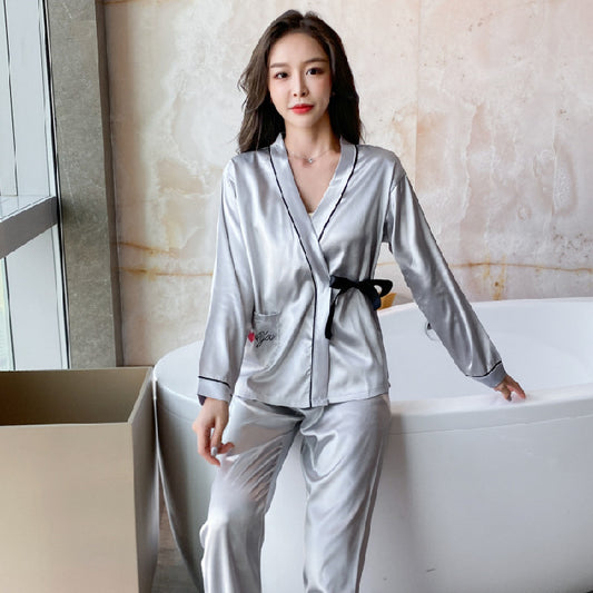 Women's Spring And Autumn Ice Silk Long-sleeved V-neck Casual Strappy Pajamas Set