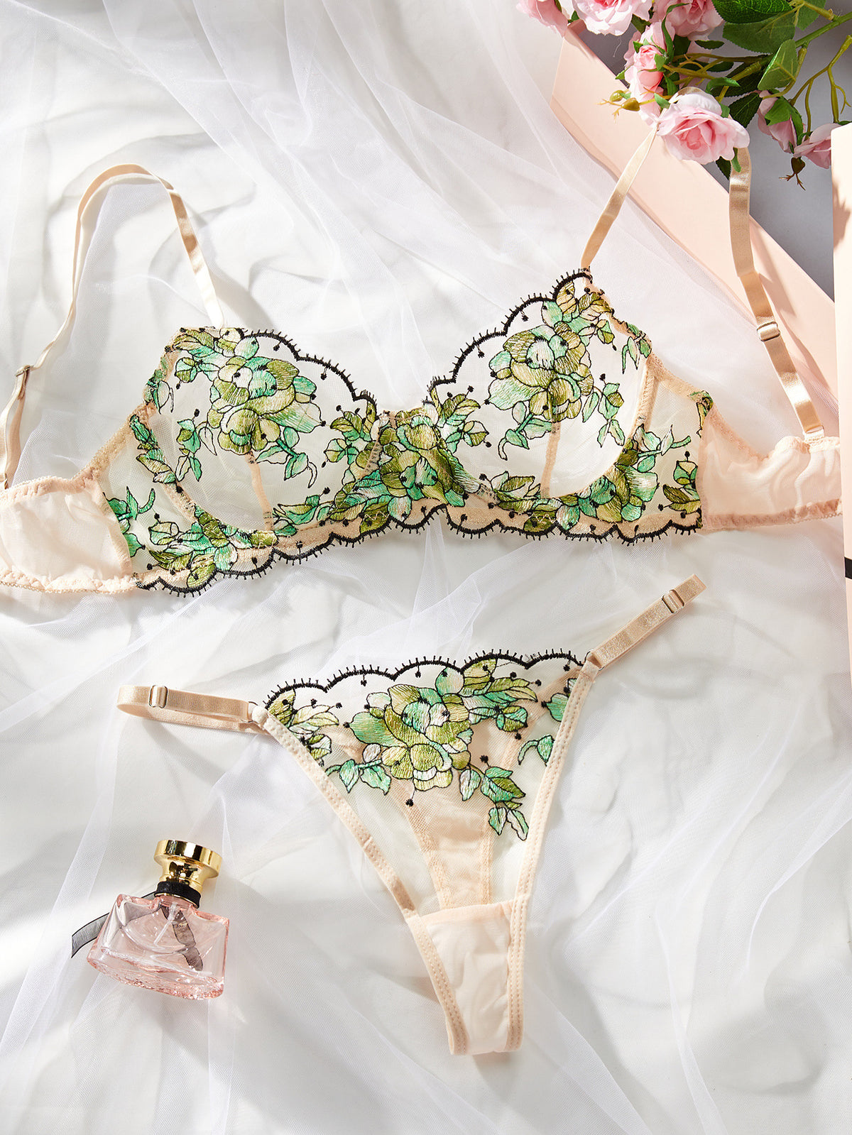 Women's Mesh Multi-color Embroidery Transparent Underwear Suit