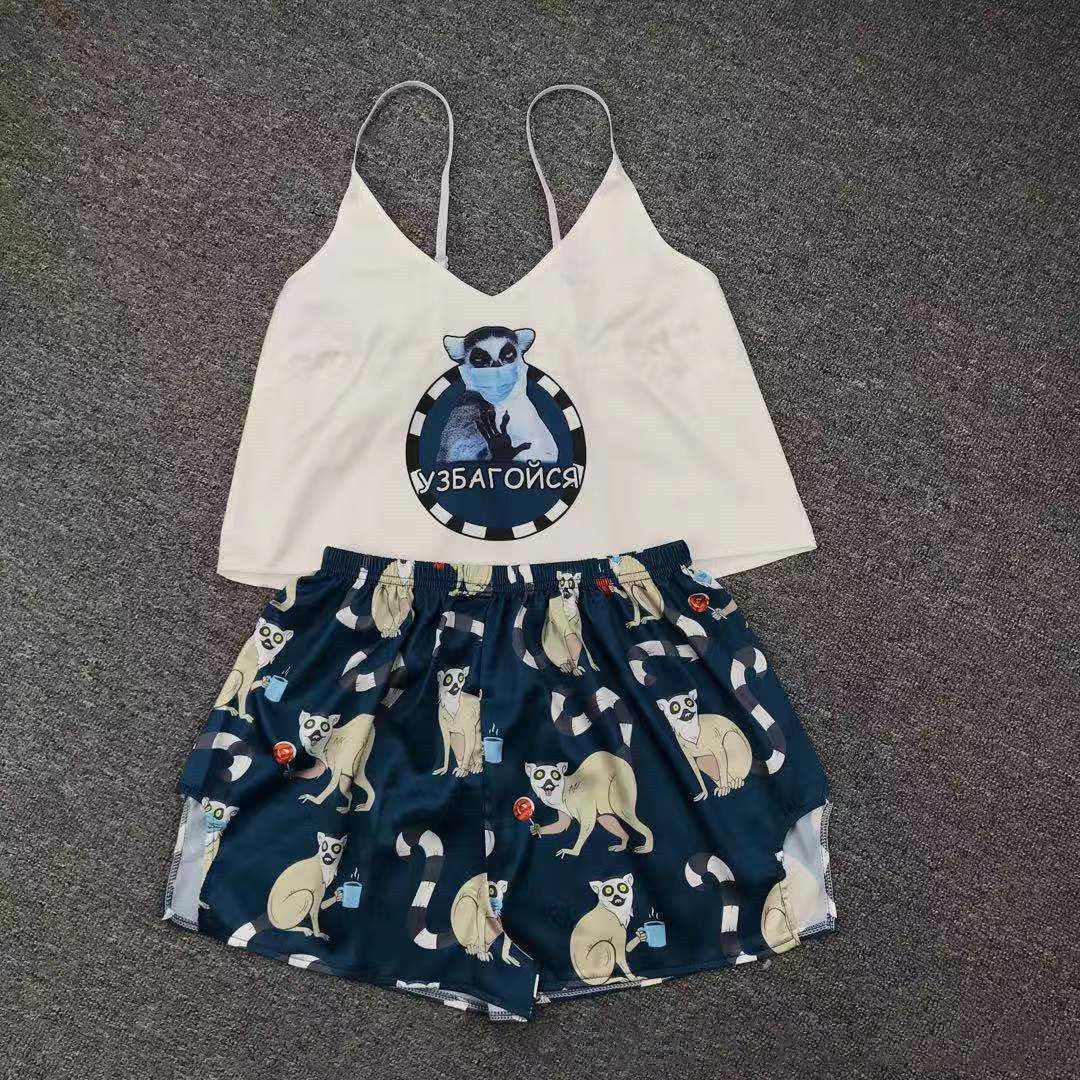 Ice Silk Pajamas Sling High-quality Simulation Silk Thin Section Comfortable Casual Printing