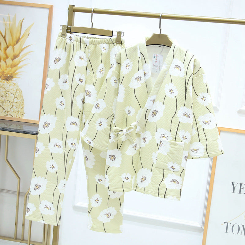 Winter Warm Striped Kimono Crop Clothes Air Layer Pajamas