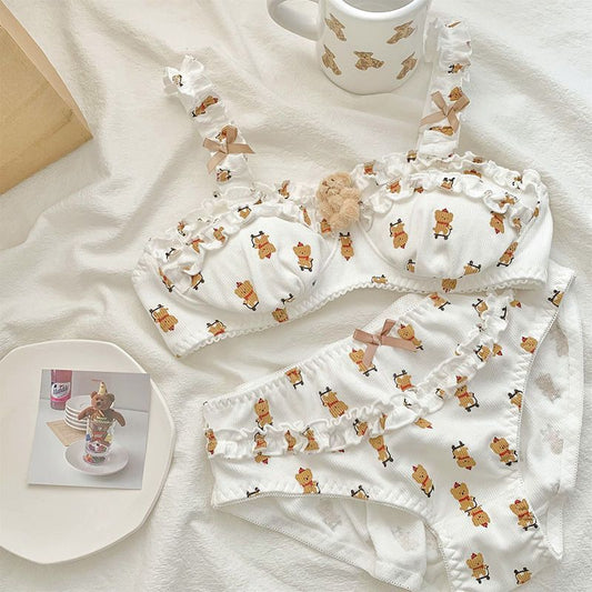 Cartoon Cute Underwear Panties Set Women's Chest-flattering Small Wireless Pure Desire Charming Bra