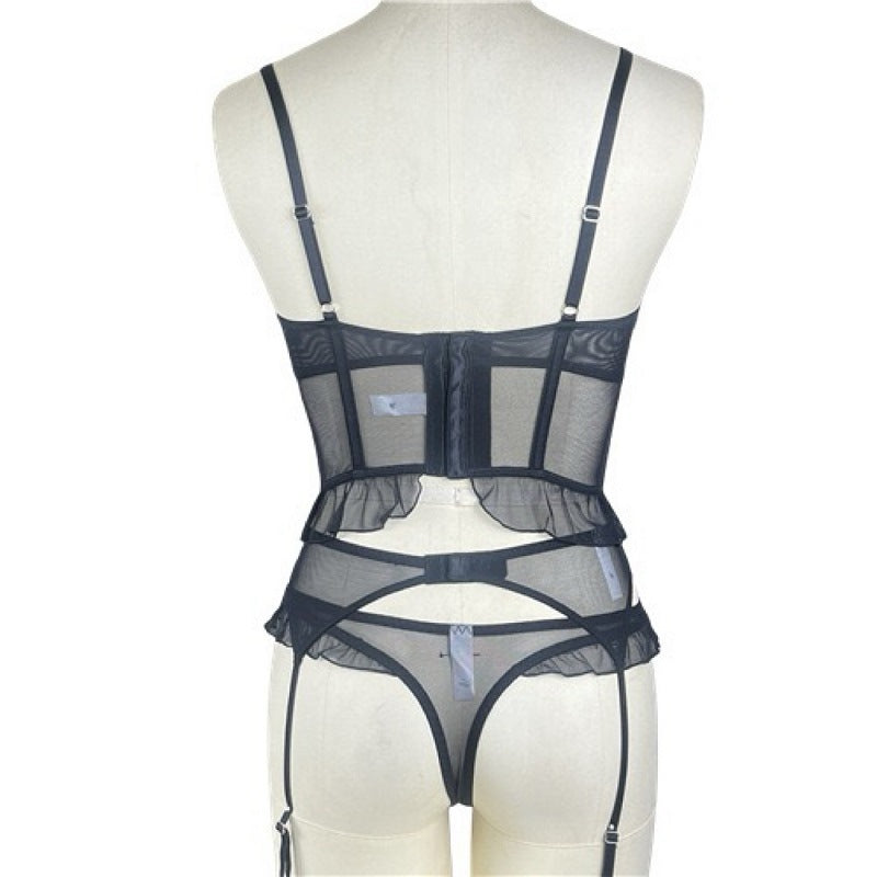 New 3-piece French Style Lace Lingerie Women's Breathable Hollow-out Fishbone Corset Ultra-thin Bra Set