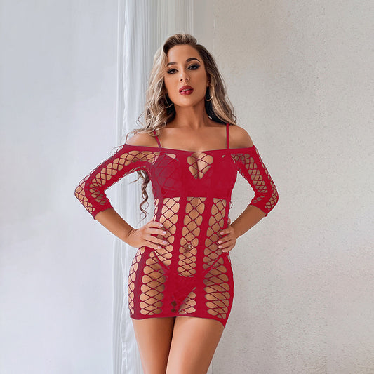 Women's Long Sleeve Striped Sheath Hollow Mesh Skirt