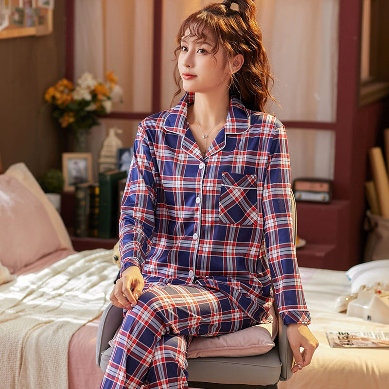 Loose Long Sleeve Plaid Pajamas Pajama Pants Suit