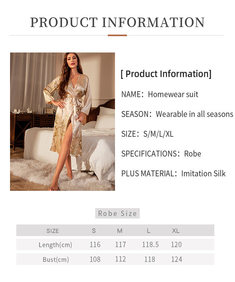 Simple Cardigan Pajamas Ice Silk Home Printing Long Sleeve Nightgown