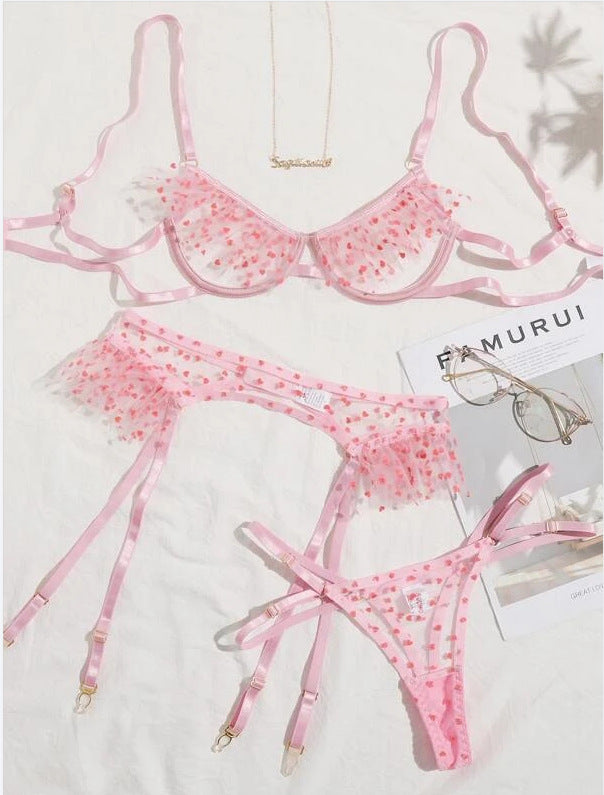 Sexy Lingerie Sexy Love Polka Dot Ruffled See-through Three-piece Set