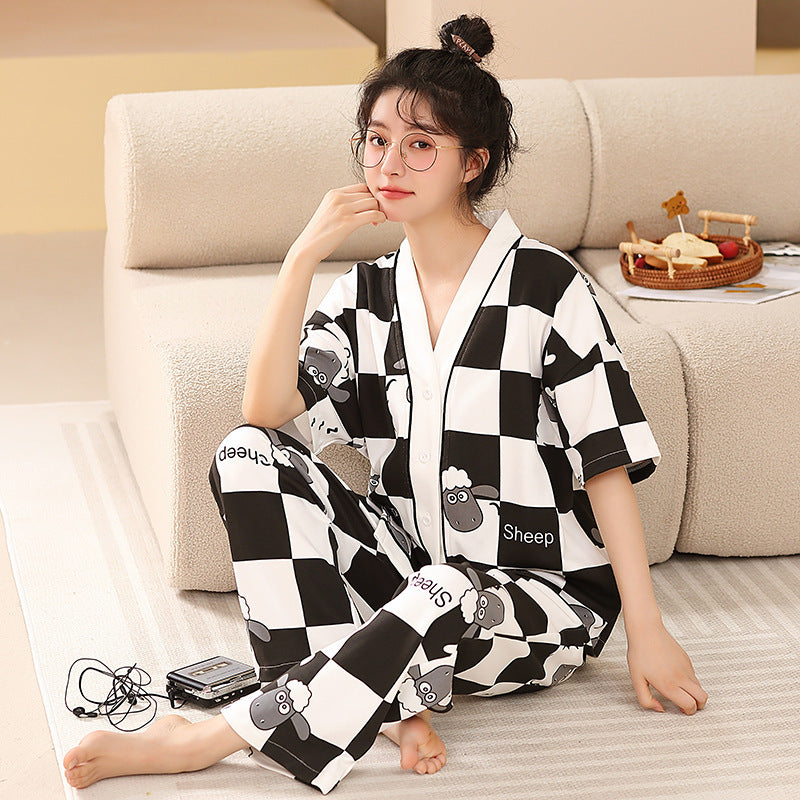 Women's Pajamas Pure Cotton Short-sleeved And Trousers Cardigan Homewear