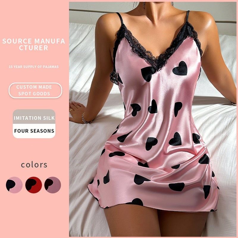 Ice Silk Nightdress Sexy Backless Lovely Suspender Skirt Pajamas Thin Breathable Printed